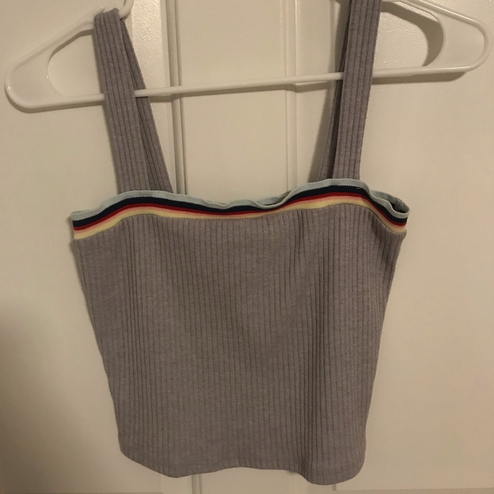 gray ribbed cropped tank top with rainbow detail